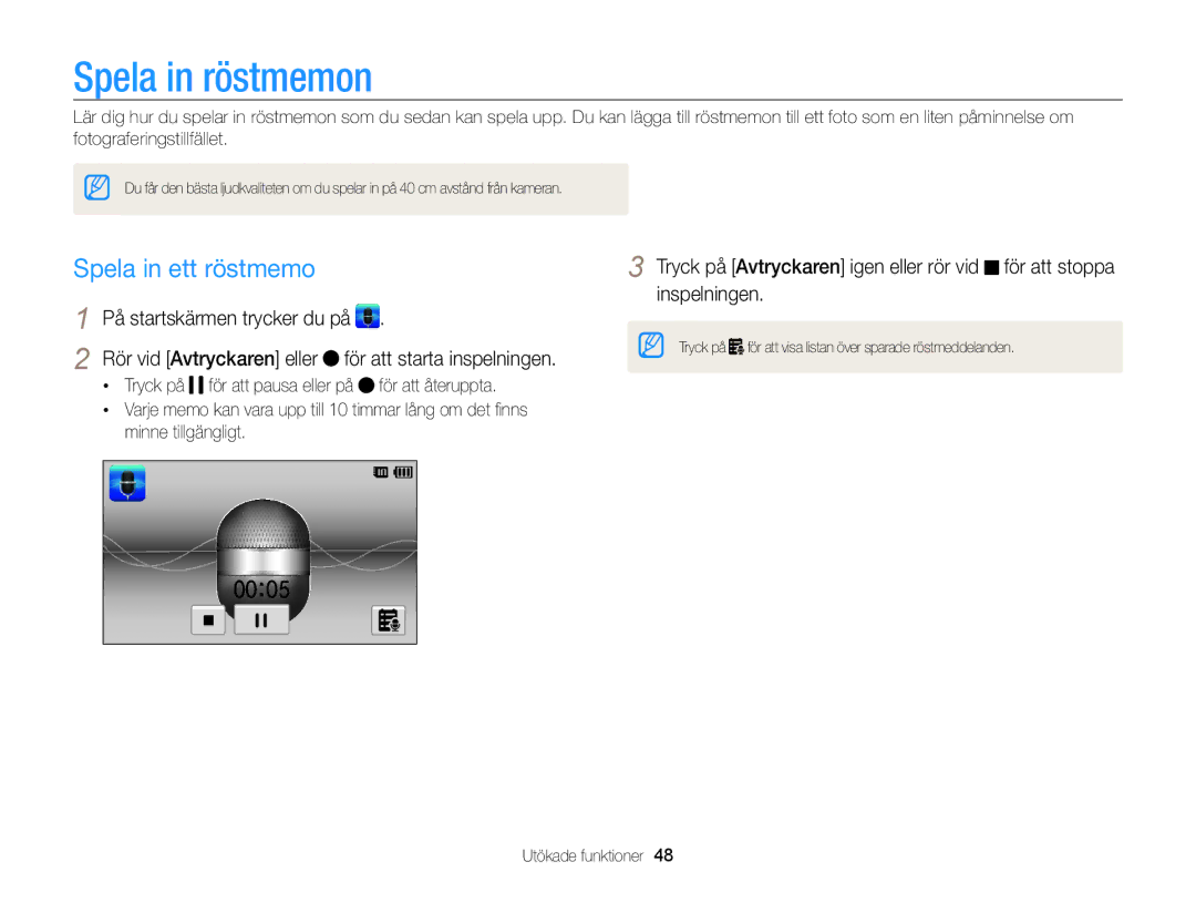 Samsung EC-ST65ZZBPSE2, EC-ST65ZZBPRE2 manual Spela in röstmemon, Spela in ett röstmemo, För att starta inspelningen 