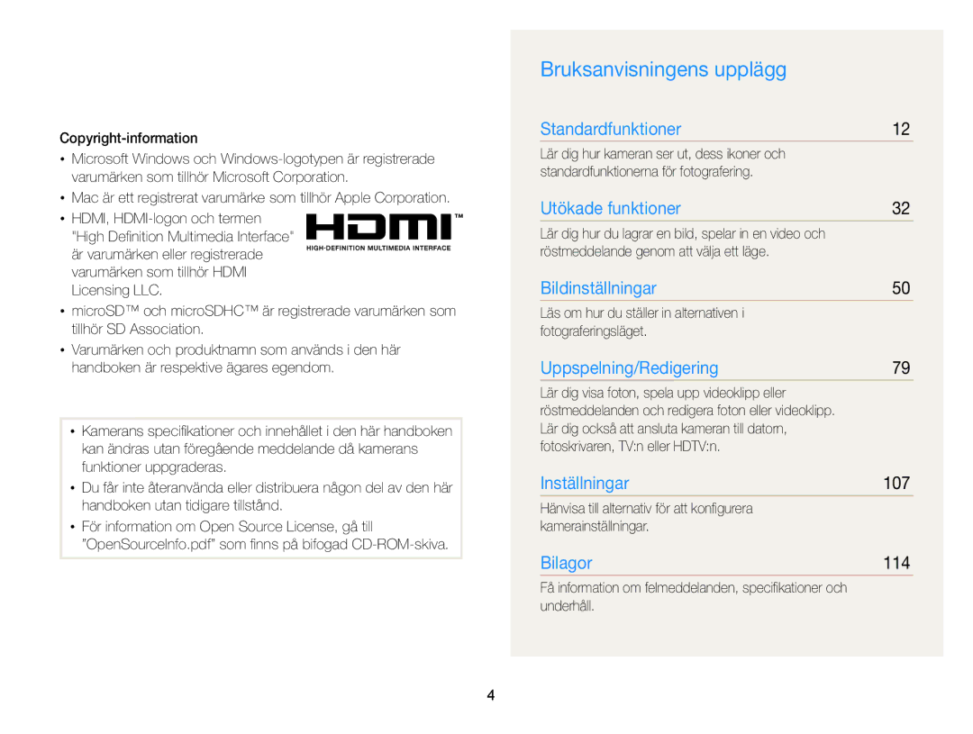 Samsung EC-ST65ZZBPSE2, EC-ST65ZZBPRE2, EC-ST65ZZBPUE2, EC-ST65ZZBPEE2 manual Bruksanvisningens upplägg, 107, 114 