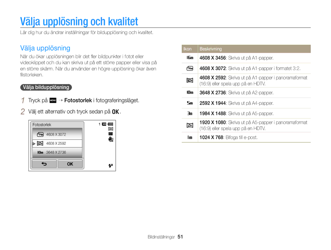 Samsung EC-ST65ZZBPRE2, EC-ST65ZZBPSE2, EC-ST65ZZBPUE2, EC-ST65ZZBPEE2 Välja upplösning och kvalitet, Välja bildupplösning 