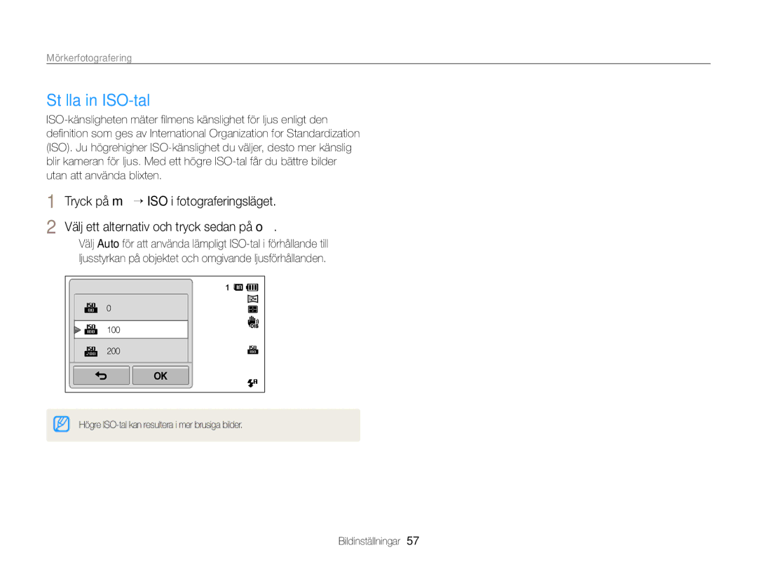 Samsung EC-ST65ZZBPUE2, EC-ST65ZZBPRE2, EC-ST65ZZBPSE2, EC-ST65ZZBPEE2 manual Ställa in ISO-tal 