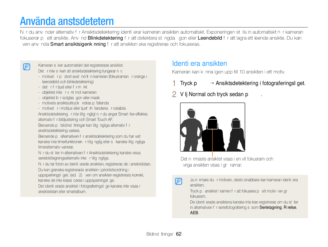 Samsung EC-ST65ZZBPEE2, EC-ST65ZZBPRE2, EC-ST65ZZBPSE2, EC-ST65ZZBPUE2 manual Använda ansiktsdetektering, Identiﬁera ansikten 