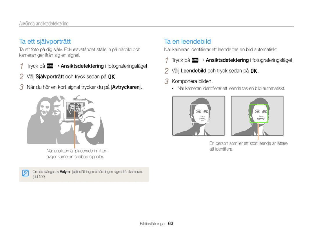 Samsung EC-ST65ZZBPRE2, EC-ST65ZZBPSE2, EC-ST65ZZBPUE2 Ta ett självporträtt, Ta en leendebild, Använda ansiktsdetektering 