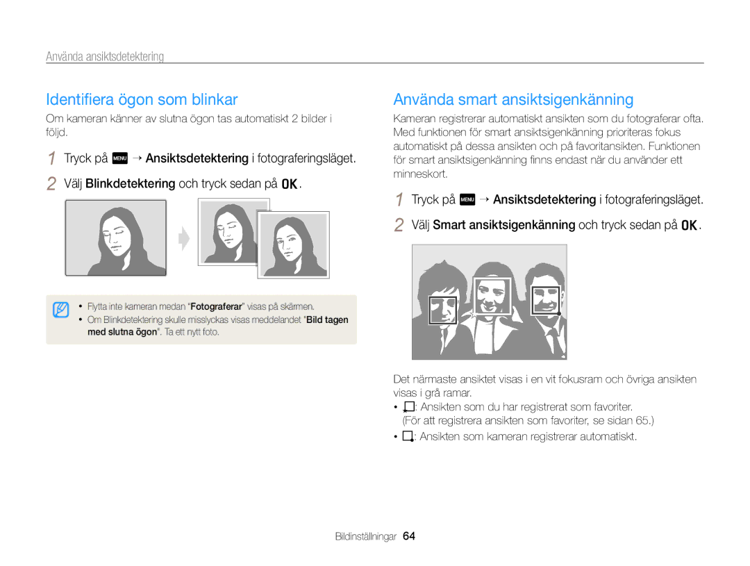 Samsung EC-ST65ZZBPSE2, EC-ST65ZZBPRE2, EC-ST65ZZBPUE2 manual Identiﬁera ögon som blinkar, Använda smart ansiktsigenkänning 