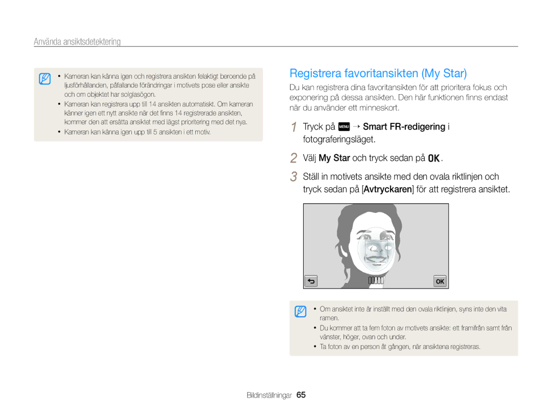 Samsung EC-ST65ZZBPUE2, EC-ST65ZZBPRE2, EC-ST65ZZBPSE2, EC-ST65ZZBPEE2 manual Registrera favoritansikten My Star 