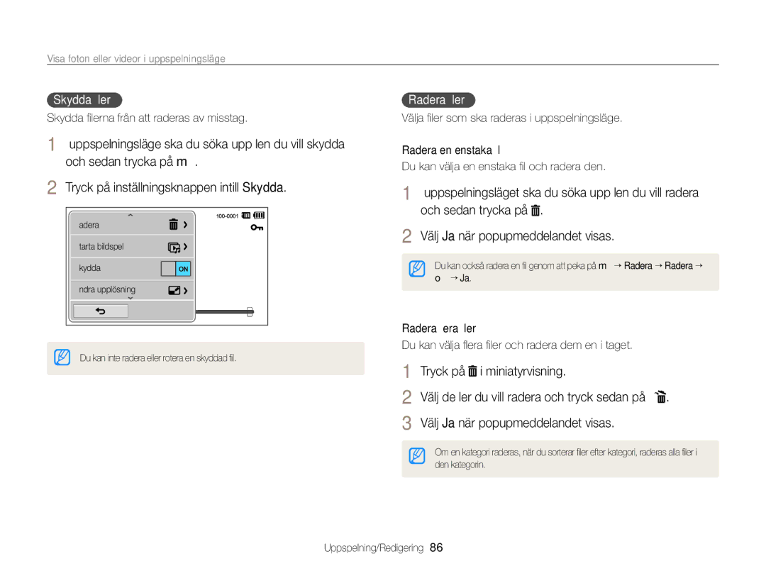 Samsung EC-ST65ZZBPEE2 manual Välj Ja när popup-meddelandet visas, Tryck på i miniatyrvisning, Skydda ﬁler, Radera ﬁler 