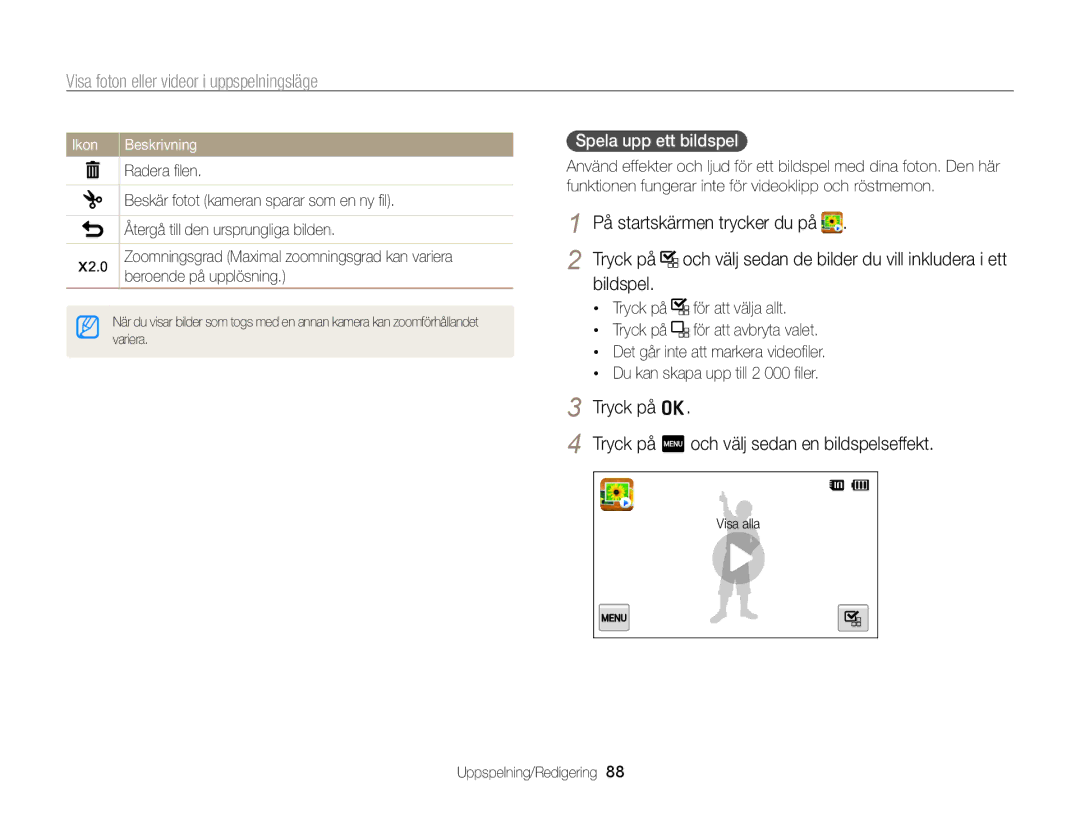 Samsung EC-ST65ZZBPSE2 manual Bildspel, Tryck på o Tryck på m och välj sedan en bildspelseffekt, Spela upp ett bildspel 