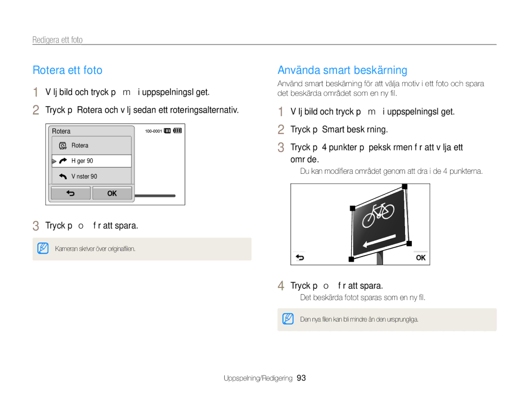 Samsung EC-ST65ZZBPUE2, EC-ST65ZZBPRE2, EC-ST65ZZBPSE2 manual Rotera ett foto, Använda smart beskärning, Redigera ett foto 