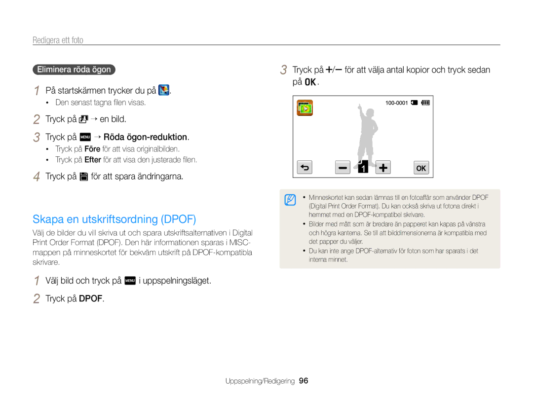 Samsung EC-ST65ZZBPSE2, EC-ST65ZZBPRE2 manual Skapa en utskriftsordning Dpof, Tryck på “ en bild, Eliminera röda ögon 