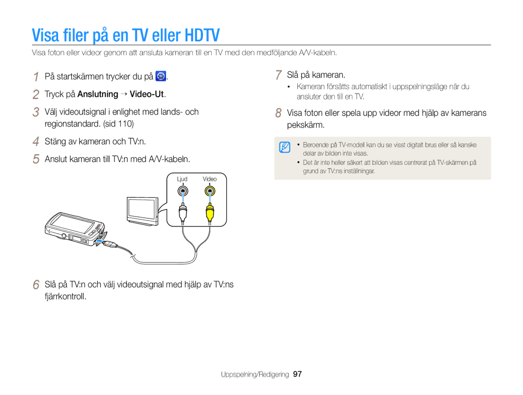 Samsung EC-ST65ZZBPUE2 manual Visa ﬁler på en TV eller Hdtv, Regionstandard. sid Stäng av kameran och TVn, Slå på kameran 