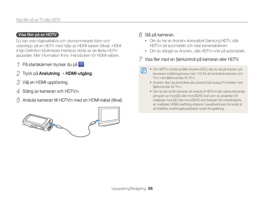 Samsung EC-ST65ZZBPEE2 manual Visa ﬁler på en TV eller Hdtv, Tryck på Anslutning “ HDMI-utgång, Välj en HDMI-upplösning 