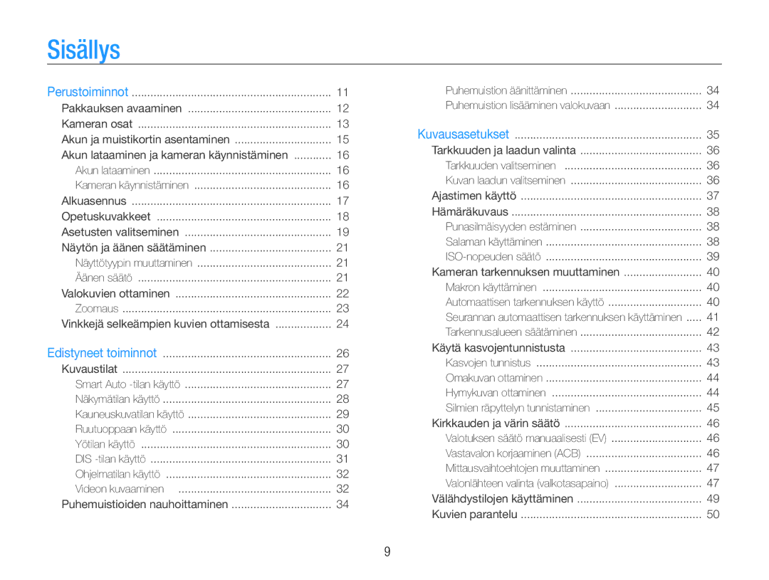 Samsung EC-ST65ZZBPUE2, EC-ST65ZZBPRE2, EC-ST65ZZBPSE2, EC-ST65ZZBPEE2 manual Sisällys 