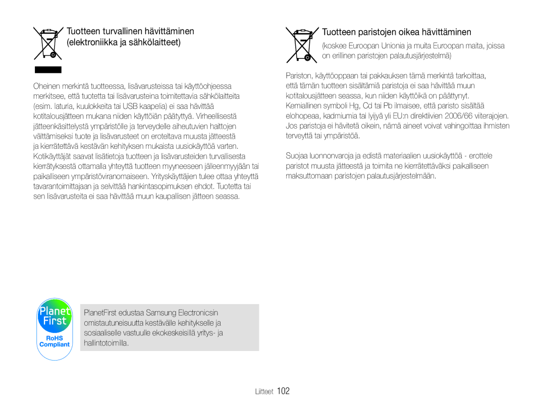 Samsung EC-ST65ZZBPEE2, EC-ST65ZZBPRE2, EC-ST65ZZBPSE2, EC-ST65ZZBPUE2 manual Tuotteen paristojen oikea hävittäminen 