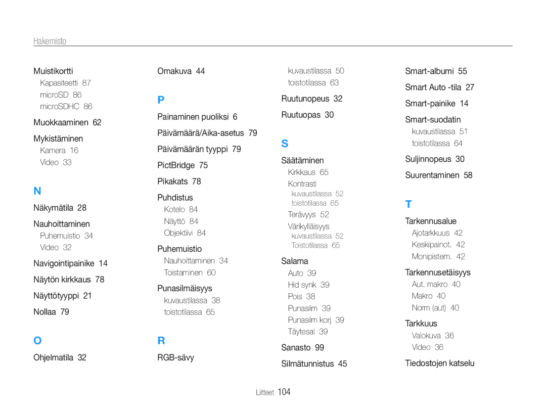 Samsung EC-ST65ZZBPSE2, EC-ST65ZZBPRE2, EC-ST65ZZBPUE2, EC-ST65ZZBPEE2 manual Hakemisto 