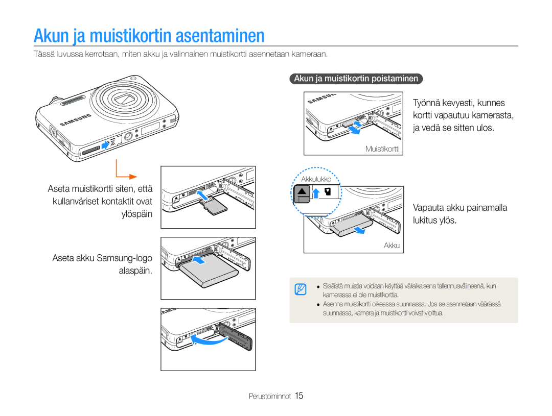 Samsung EC-ST65ZZBPRE2, EC-ST65ZZBPSE2 manual Akun ja muistikortin asentaminen, Vapauta akku painamalla lukitus ylös 