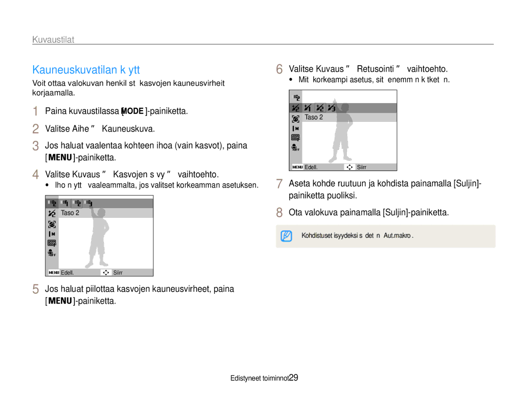 Samsung EC-ST65ZZBPUE2, EC-ST65ZZBPRE2, EC-ST65ZZBPSE2 Kauneuskuvatilan käyttö, Valitse Kuvaus → Retusointi → vaihtoehto 