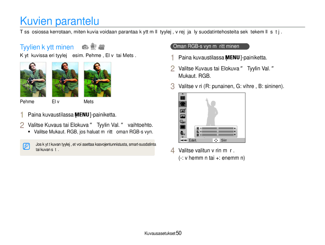 Samsung EC-ST65ZZBPEE2 Kuvien parantelu, Tyylien käyttäminen, Mukaut. RGB Valitse väri R punainen, G vihreä, B sininen 