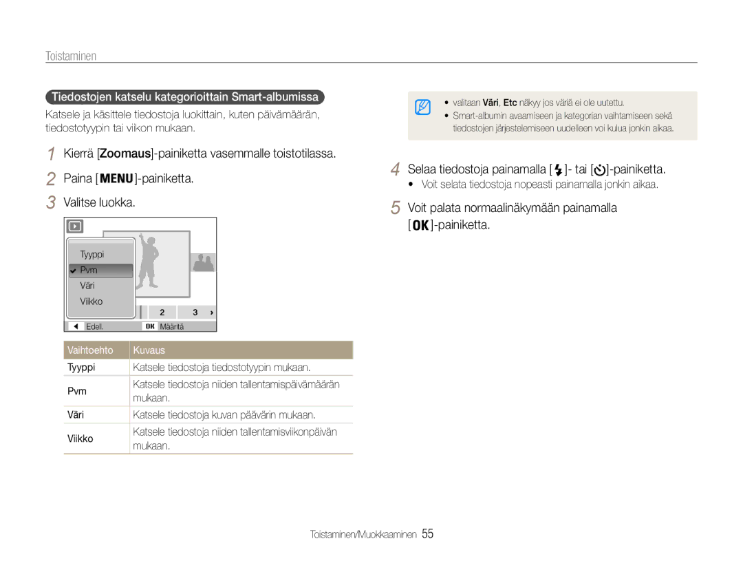 Samsung EC-ST65ZZBPRE2, EC-ST65ZZBPSE2, EC-ST65ZZBPUE2 Toistaminen, Voit palata normaalinäkymään painamalla -painiketta 