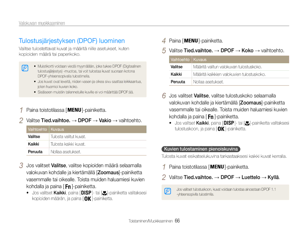 Samsung EC-ST65ZZBPEE2, EC-ST65ZZBPRE2 manual Tulostusjärjestyksen Dpof luominen, Kuvien tulostaminen pienoiskuvina 