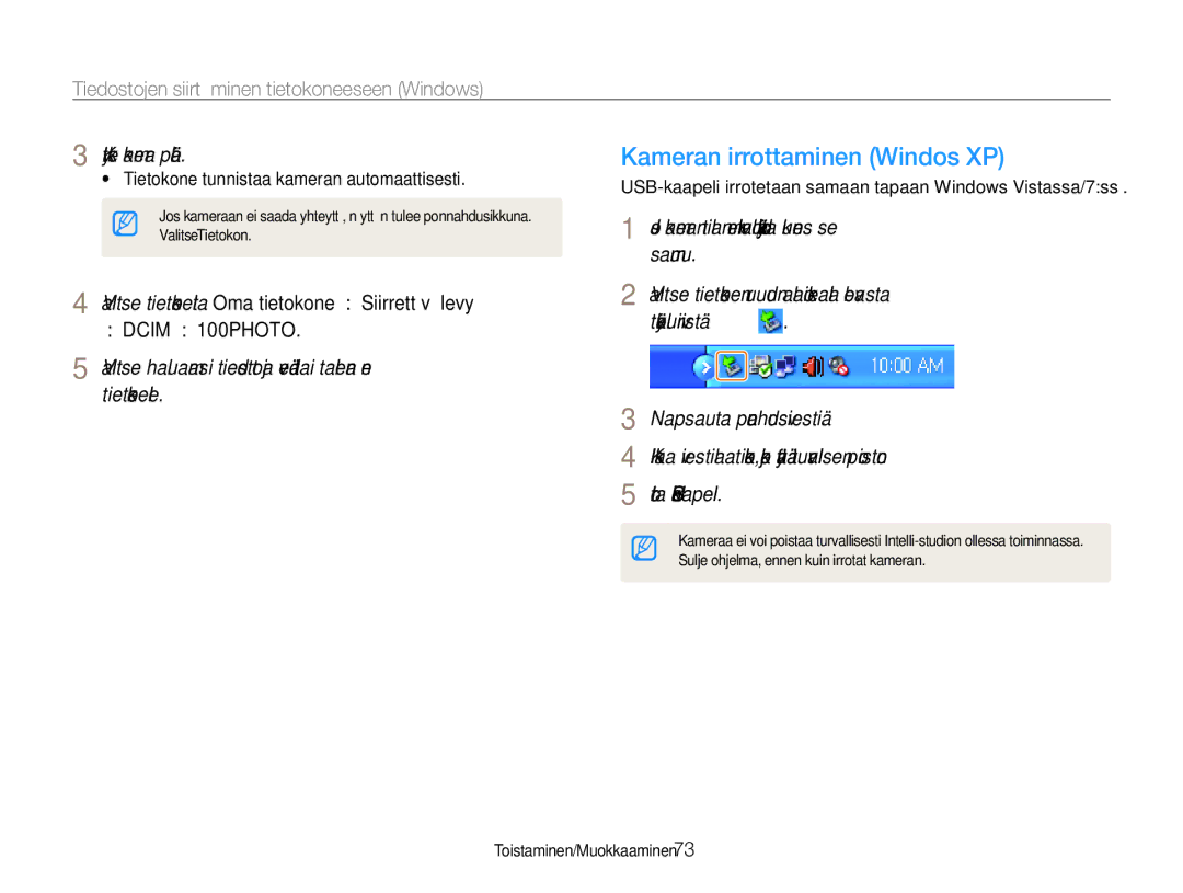 Samsung EC-ST65ZZBPUE2 manual Kameran irrottaminen Windows XP, USB-kaapeli irrotetaan samaan tapaan Windows Vistassa/7ssä 