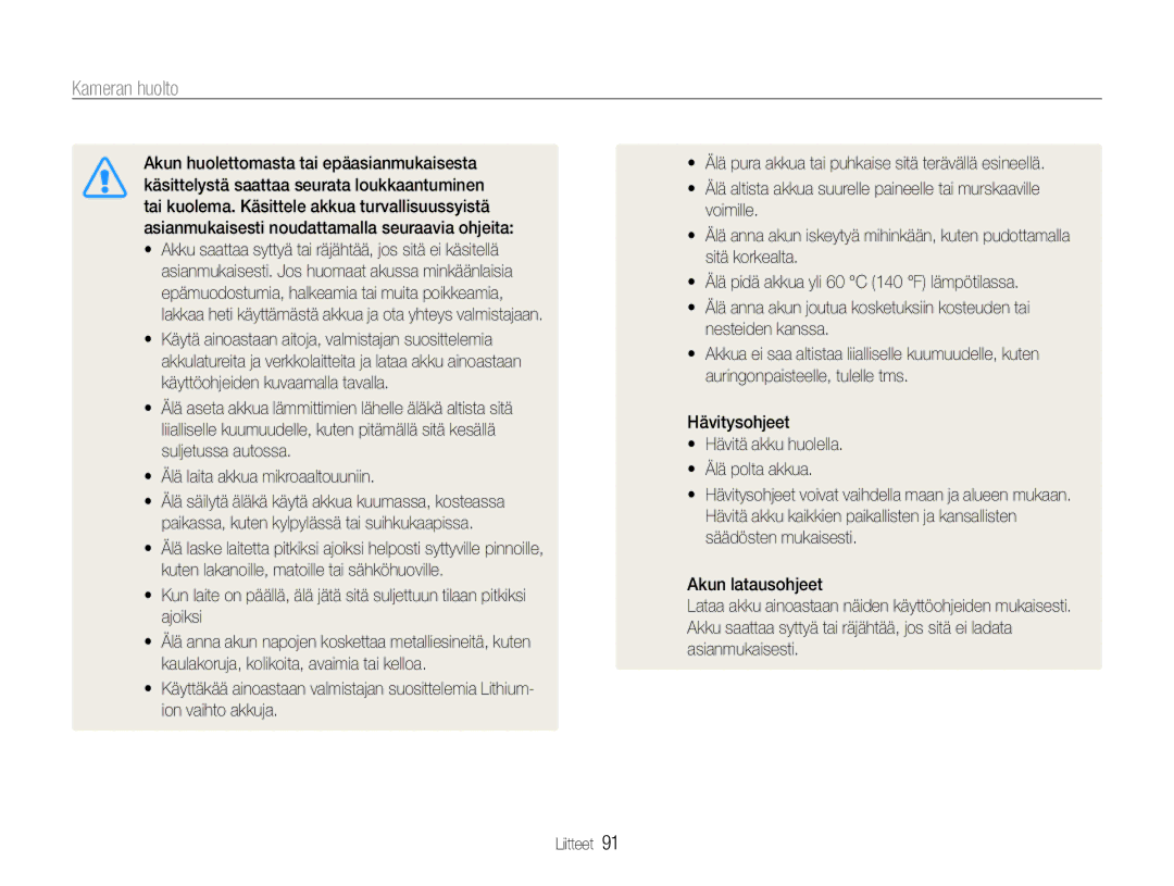 Samsung EC-ST65ZZBPRE2, EC-ST65ZZBPSE2, EC-ST65ZZBPUE2, EC-ST65ZZBPEE2 manual Kameran huolto 