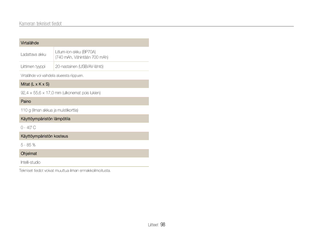 Samsung EC-ST65ZZBPEE2, EC-ST65ZZBPRE2, EC-ST65ZZBPSE2, EC-ST65ZZBPUE2 manual Virtalähde voi vaihdella alueesta riippuen 