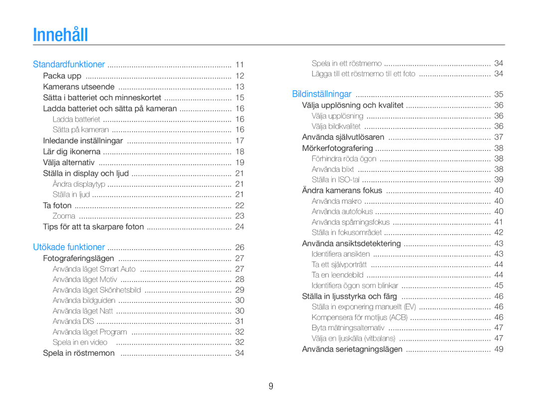 Samsung EC-ST65ZZBPUE2, EC-ST65ZZBPRE2, EC-ST65ZZBPSE2, EC-ST65ZZBPEE2 manual Innehåll 