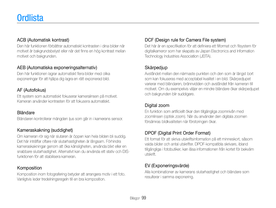 Samsung EC-ST65ZZBPRE2, EC-ST65ZZBPSE2, EC-ST65ZZBPUE2, EC-ST65ZZBPEE2 manual Ordlista 