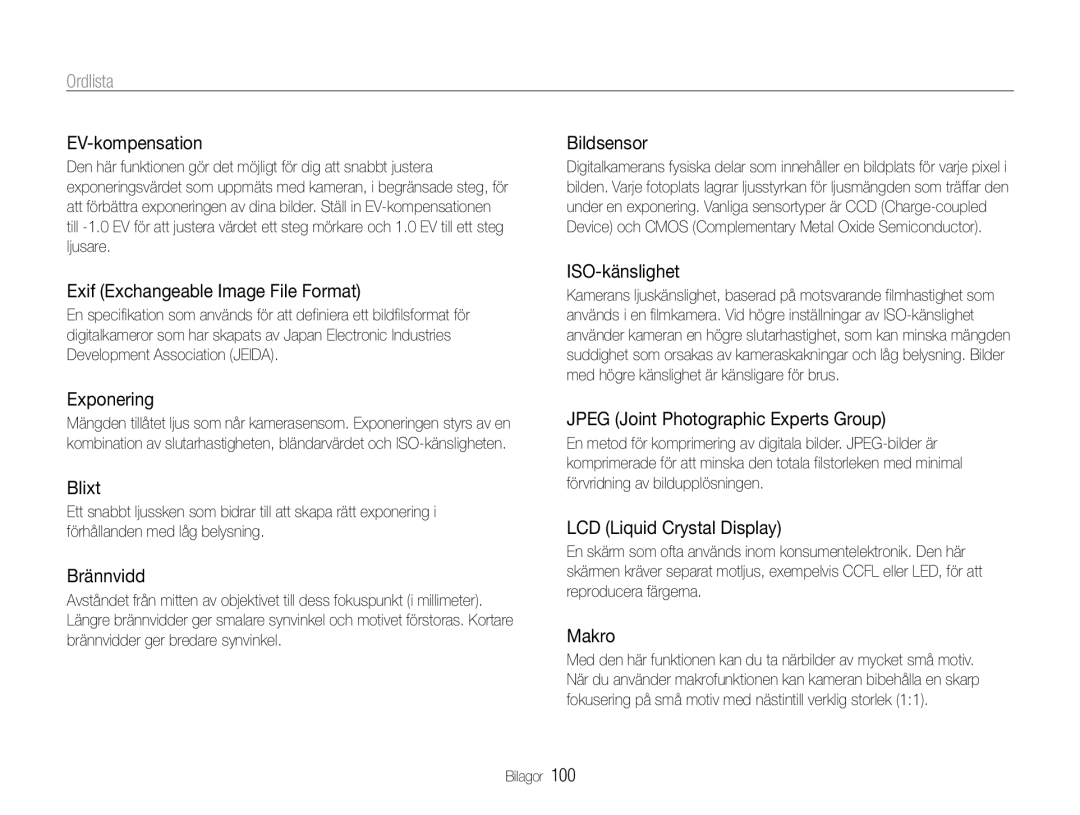 Samsung EC-ST65ZZBPSE2, EC-ST65ZZBPRE2, EC-ST65ZZBPUE2, EC-ST65ZZBPEE2 manual Ordlista 