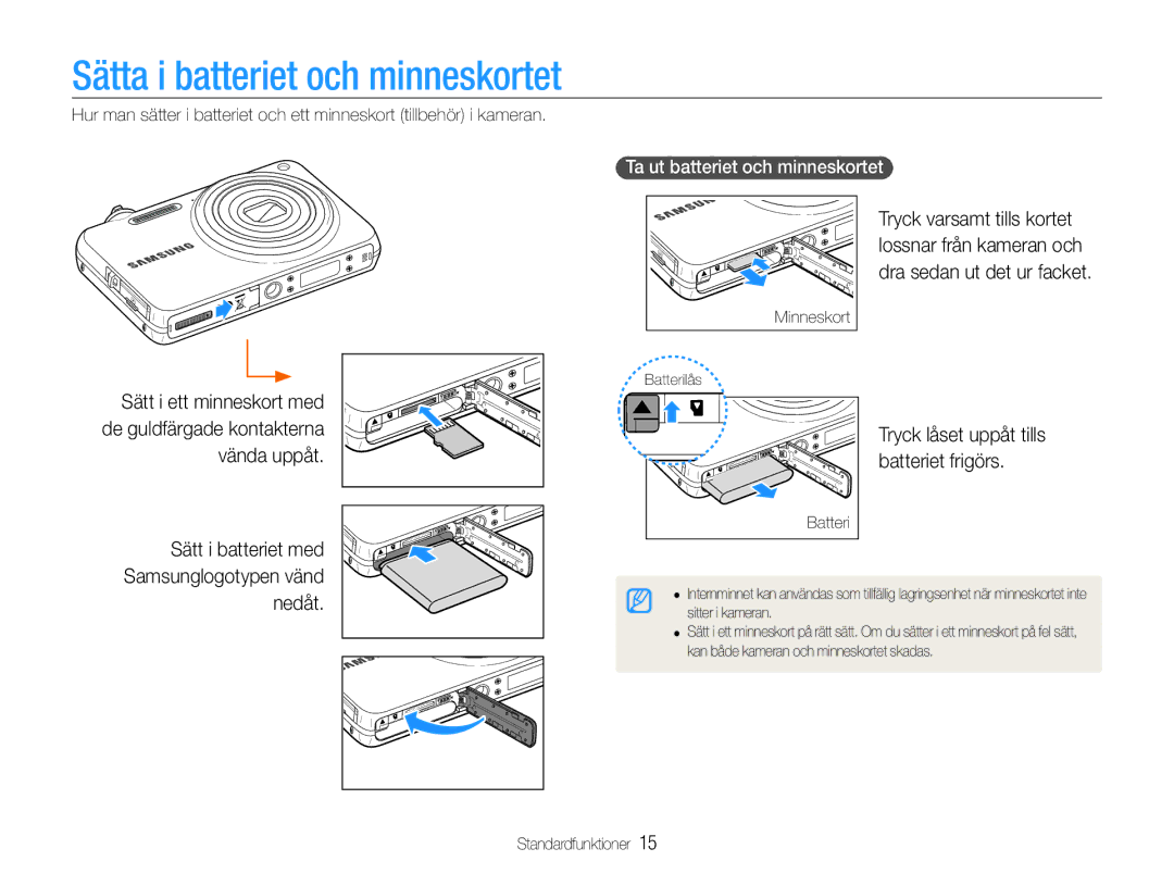 Samsung EC-ST65ZZBPRE2, EC-ST65ZZBPSE2 manual Sätta i batteriet och minneskortet, Nedåt, Ta ut batteriet och minneskortet 