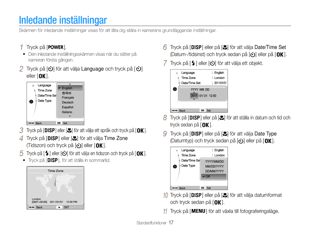 Samsung EC-ST65ZZBPUE2, EC-ST65ZZBPRE2, EC-ST65ZZBPSE2, EC-ST65ZZBPEE2 manual Inledande inställningar 