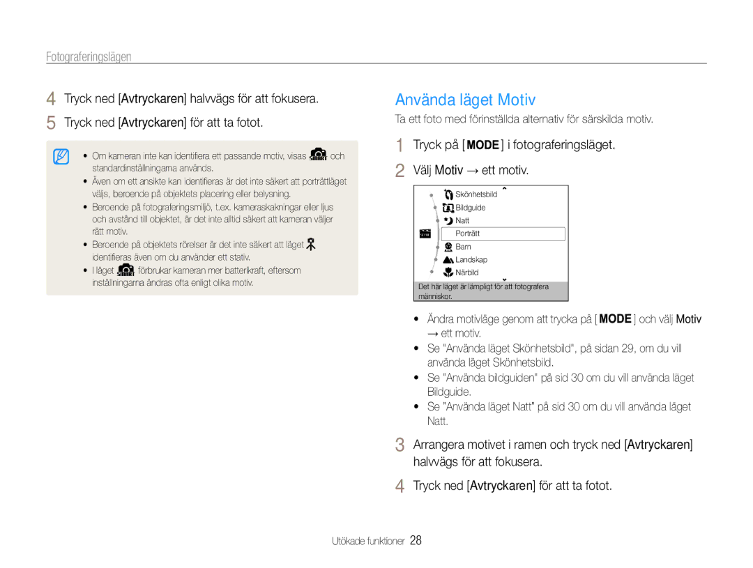 Samsung EC-ST65ZZBPSE2, EC-ST65ZZBPRE2, EC-ST65ZZBPUE2 Använda läget Motiv, Fotograferingslägen, Välj Motiv → ett motiv 