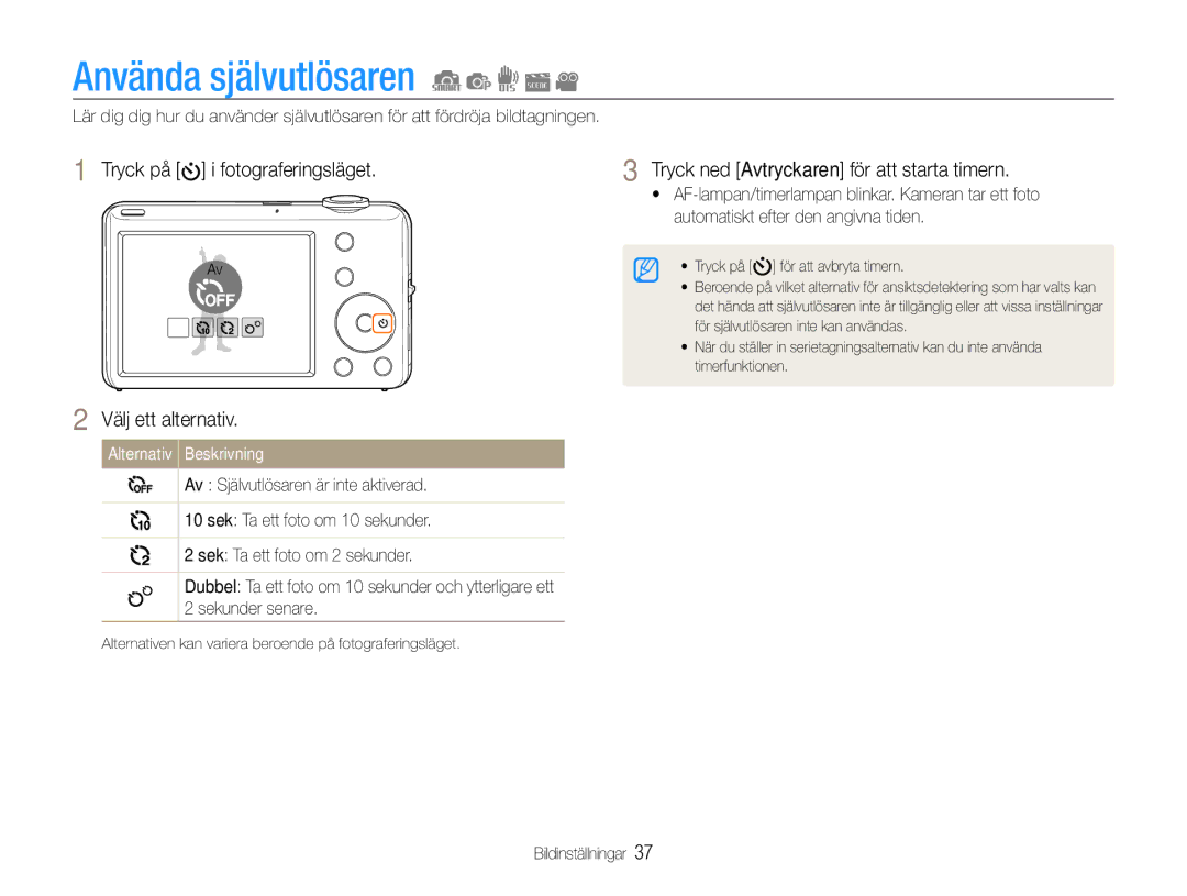 Samsung EC-ST65ZZBPUE2, EC-ST65ZZBPRE2, EC-ST65ZZBPSE2, EC-ST65ZZBPEE2 manual Använda självutlösaren, Välj ett alternativ 