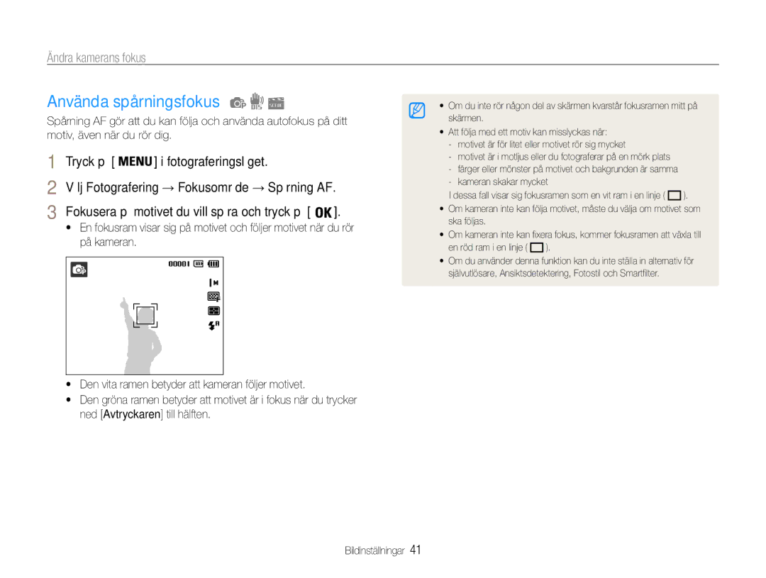 Samsung EC-ST65ZZBPUE2, EC-ST65ZZBPRE2, EC-ST65ZZBPSE2, EC-ST65ZZBPEE2 manual Använda spårningsfokus, Ändra kamerans fokus 