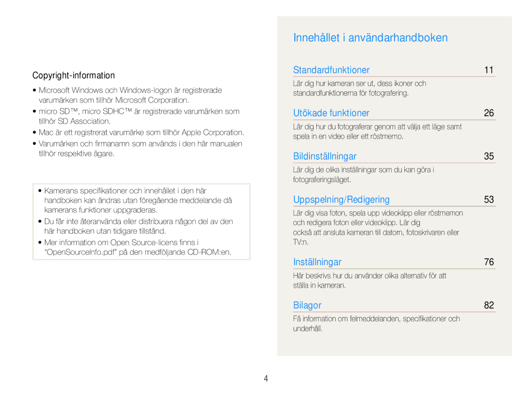 Samsung EC-ST65ZZBPSE2, EC-ST65ZZBPRE2, EC-ST65ZZBPUE2, EC-ST65ZZBPEE2 Innehållet i användarhandboken, Copyright-information 