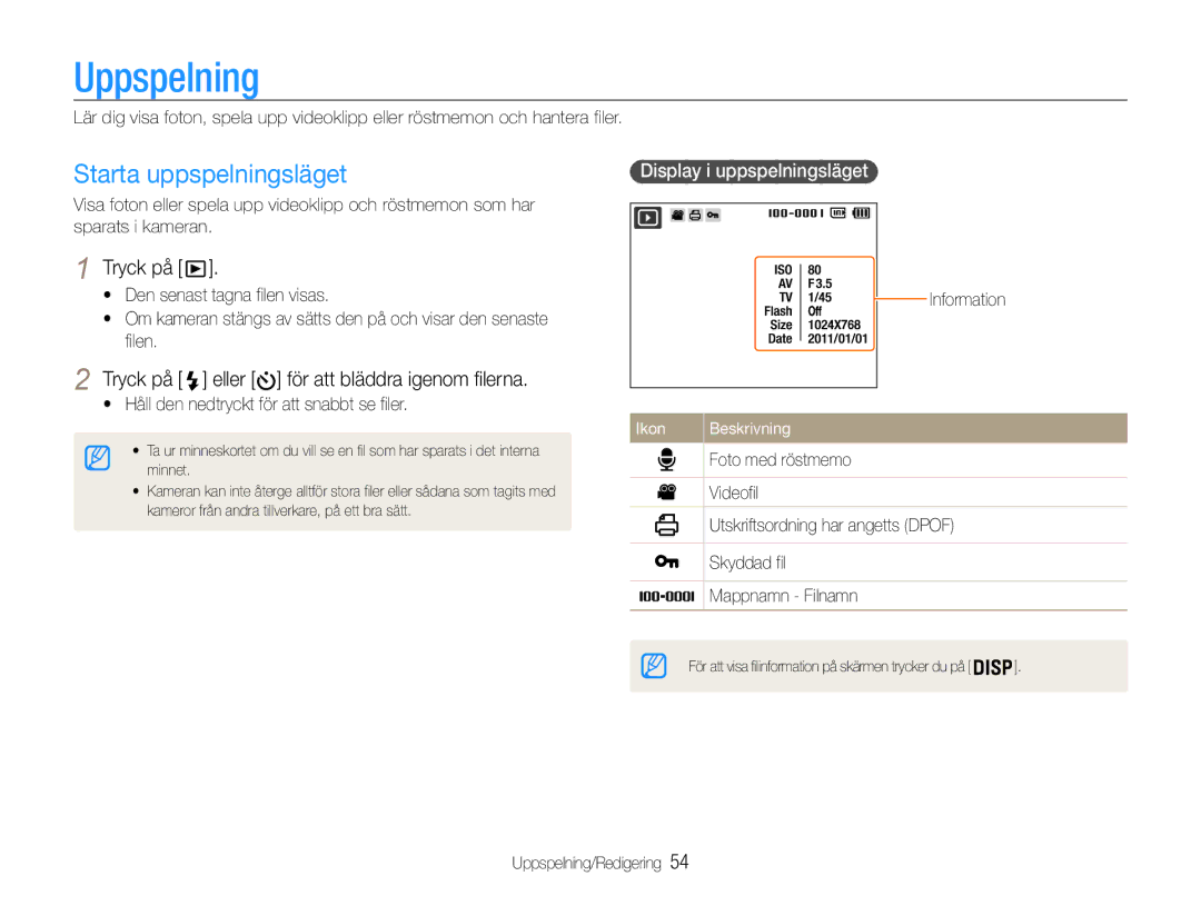 Samsung EC-ST65ZZBPEE2 manual Uppspelning, Starta uppspelningsläget, Tryck på eller för att bläddra igenom filerna 