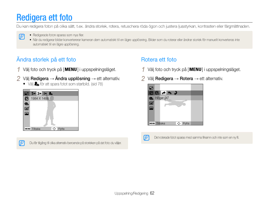 Samsung EC-ST65ZZBPEE2 manual Redigera ett foto, Ändra storlek på ett foto, Rotera ett foto, Välj foto och tryck på 