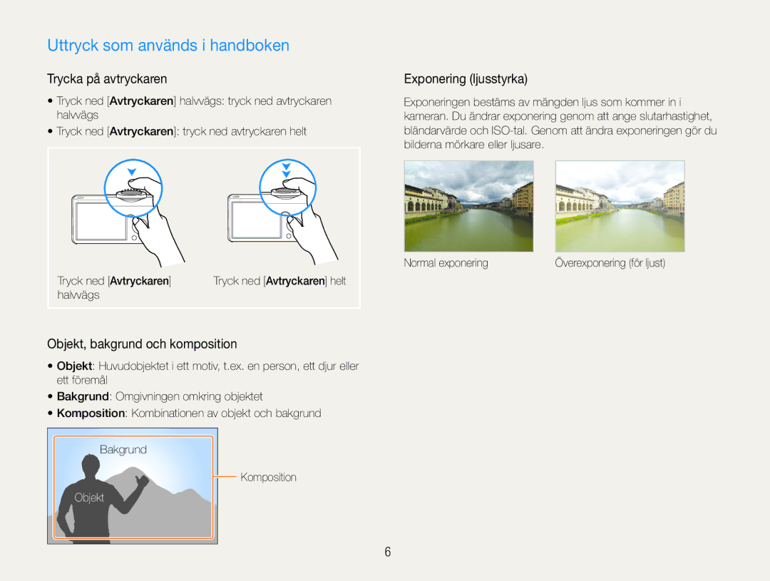 Samsung EC-ST65ZZBPEE2 manual Uttryck som används i handboken, Trycka på avtryckaren, Exponering ljusstyrka, Objekt 