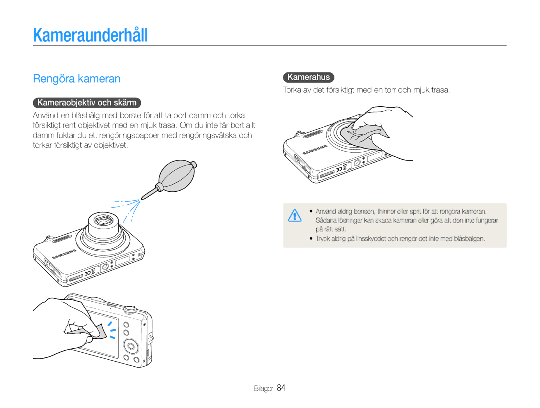 Samsung EC-ST65ZZBPSE2, EC-ST65ZZBPRE2 manual Kameraunderhåll, Rengöra kameran, Kameraobjektiv och skärm, Kamerahus 