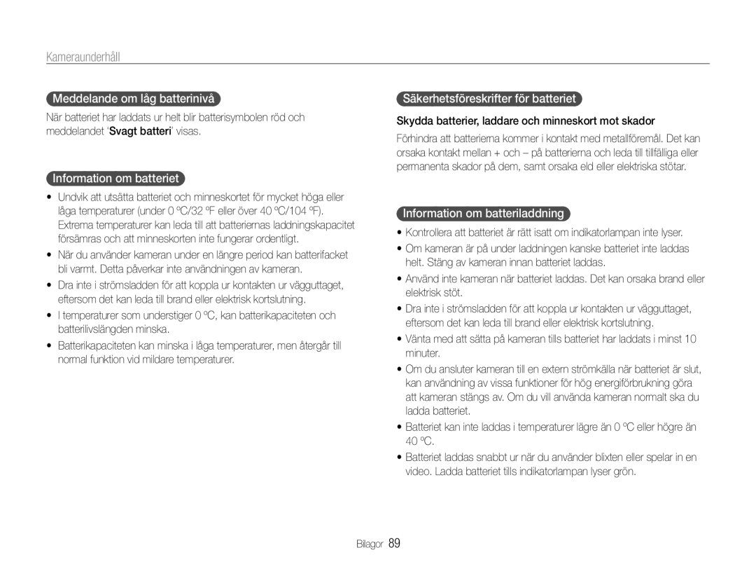 Samsung EC-ST65ZZBPUE2 manual Meddelande om låg batterinivå, Information om batteriet, Säkerhetsföreskrifter för batteriet 