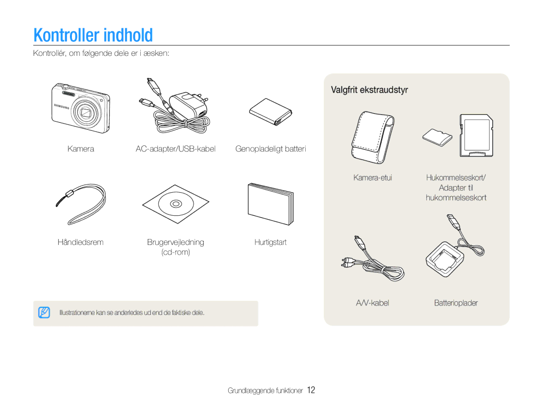 Samsung EC-ST65ZZBPSE2, EC-ST65ZZBPRE2, EC-ST65ZZBPUE2, EC-ST65ZZBPEE2 manual Kontroller indhold, Valgfrit ekstraudstyr 