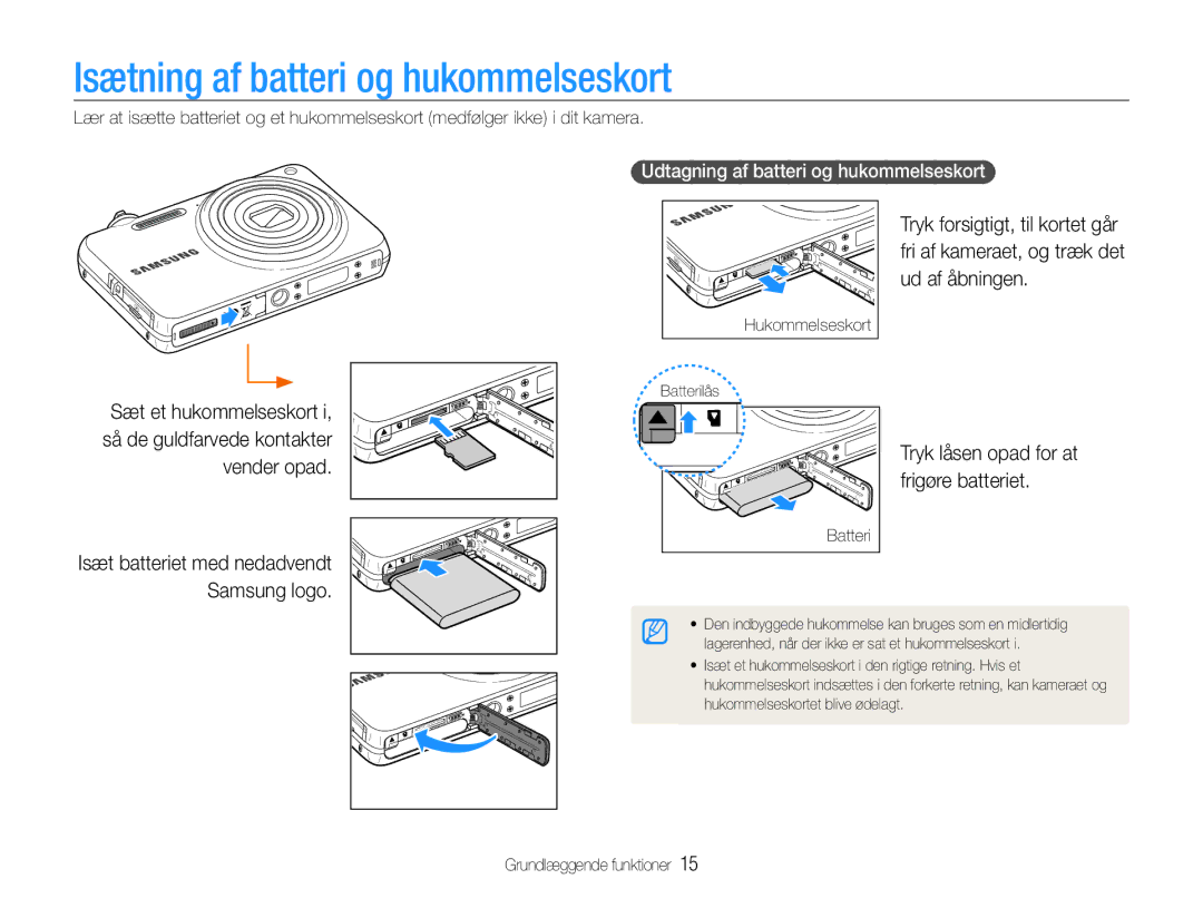 Samsung EC-ST65ZZBPRE2, EC-ST65ZZBPSE2 Isætning af batteri og hukommelseskort, Udtagning af batteri og hukommelseskort 