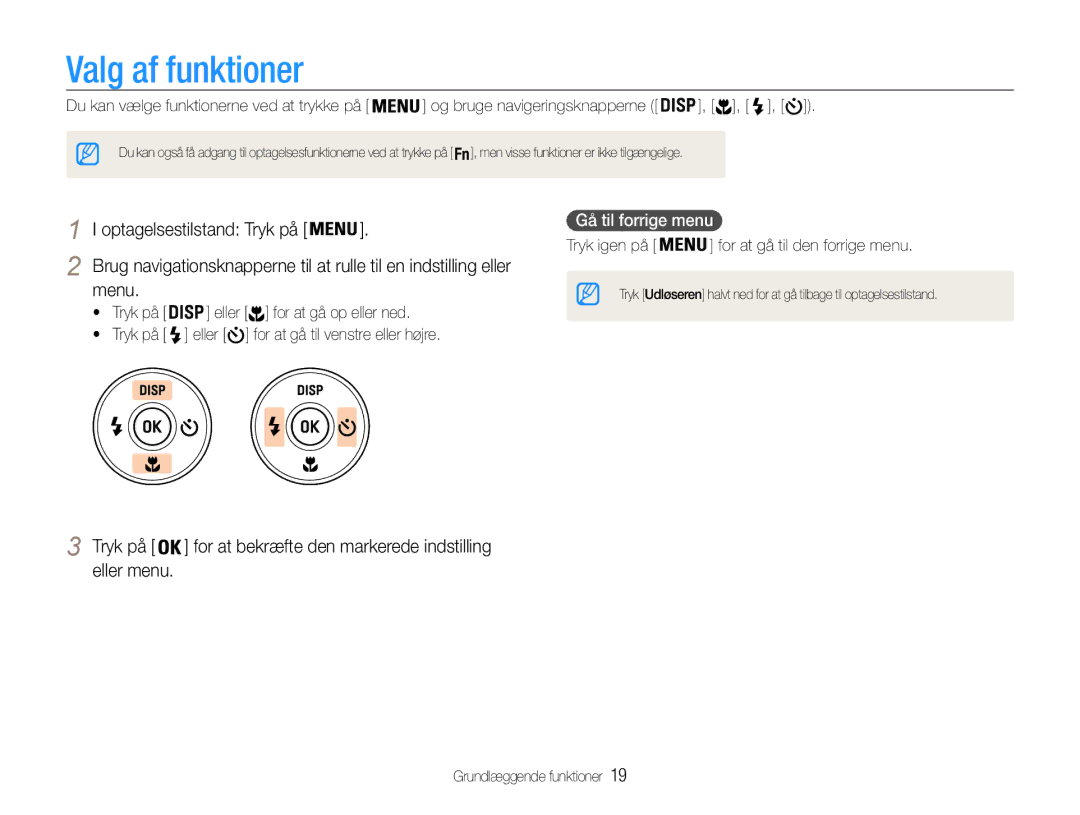 Samsung EC-ST65ZZBPRE2, EC-ST65ZZBPSE2, EC-ST65ZZBPUE2 manual Valg af funktioner, Menu, Eller menu, Gå til forrige menu 