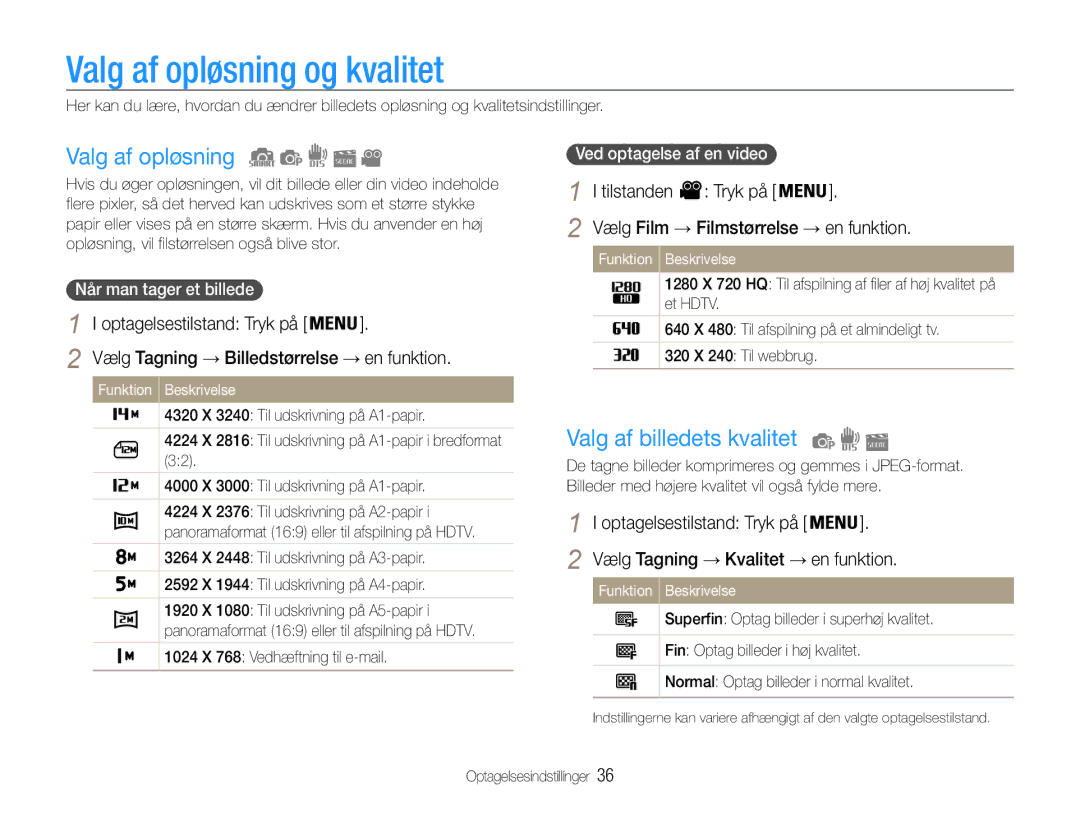 Samsung EC-ST65ZZBPSE2, EC-ST65ZZBPRE2 manual Valg af opløsning og kvalitet, Valg af billedets kvalitet, Tilstanden Tryk på 