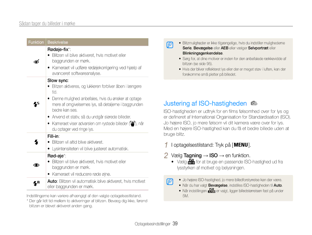 Samsung EC-ST65ZZBPRE2, EC-ST65ZZBPSE2, EC-ST65ZZBPUE2 manual Justering af ISO-hastigheden, Sådan tager du billeder i mørke 
