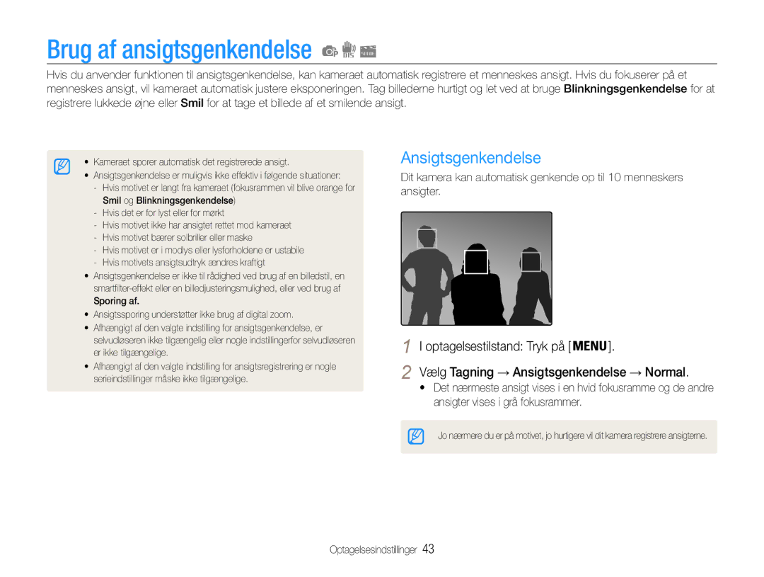 Samsung EC-ST65ZZBPRE2, EC-ST65ZZBPSE2, EC-ST65ZZBPUE2, EC-ST65ZZBPEE2 manual Brug af ansigtsgenkendelse, Ansigtsgenkendelse 