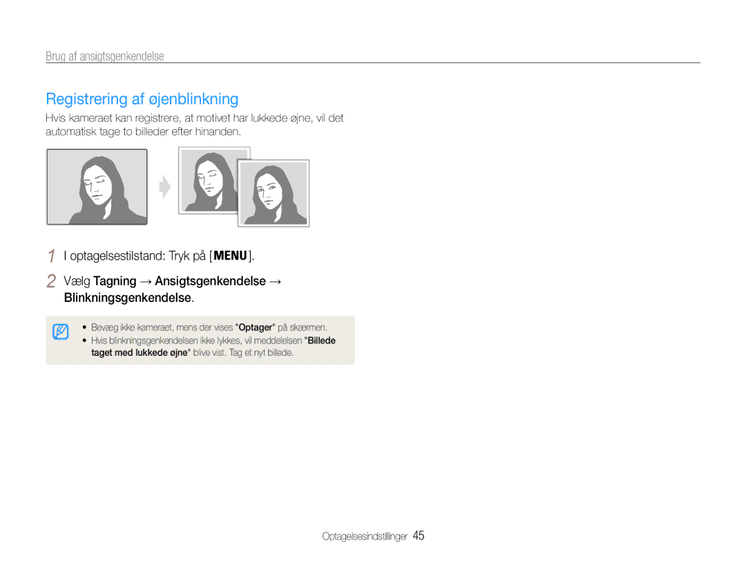 Samsung EC-ST65ZZBPUE2 manual Registrering af øjenblinkning, Blinkningsgenkendelse, Vælg Tagning → Ansigtsgenkendelse → 