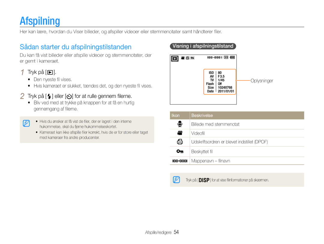 Samsung EC-ST65ZZBPEE2 manual Afspilning, Sådan starter du afspilningstilstanden, Tryk på eller for at rulle gennem filerne 