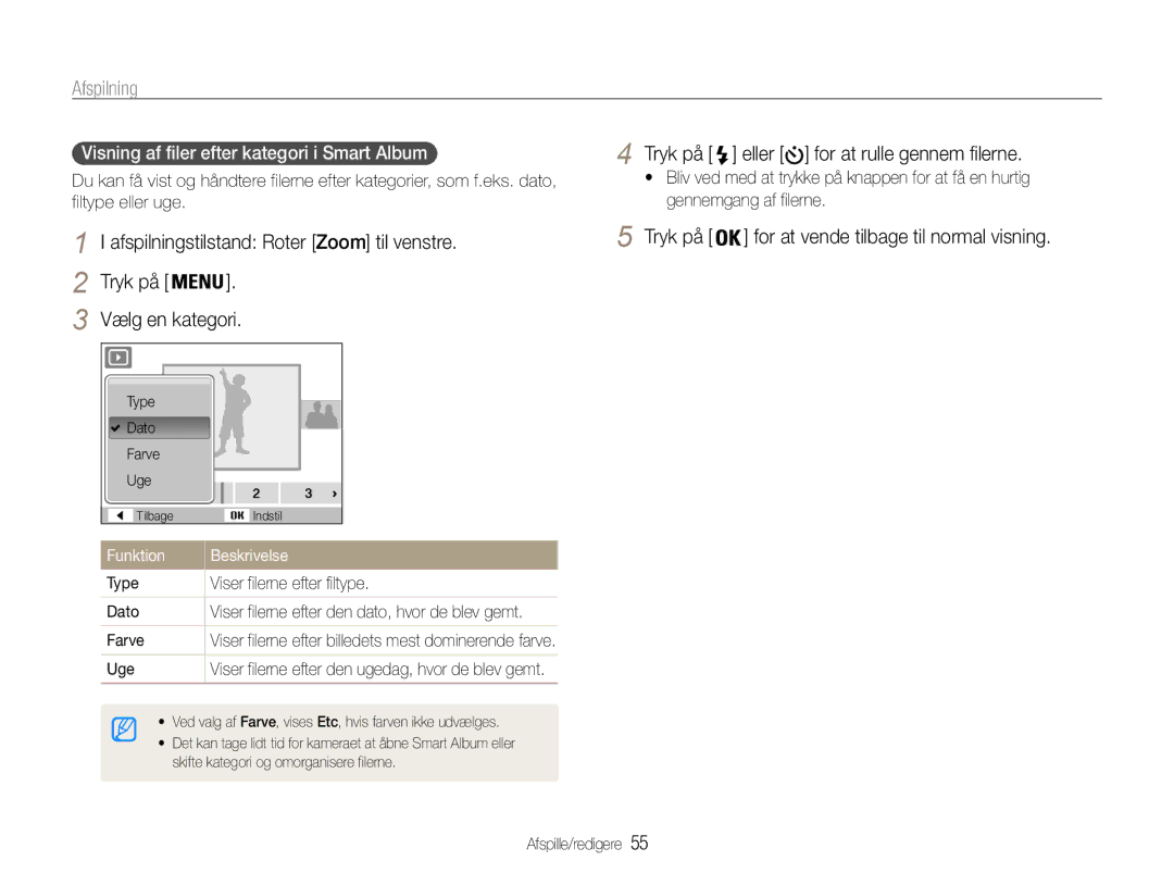 Samsung EC-ST65ZZBPRE2 Afspilning, Visning af filer efter kategori i Smart Album, Type Viser filerne efter filtype Dato 