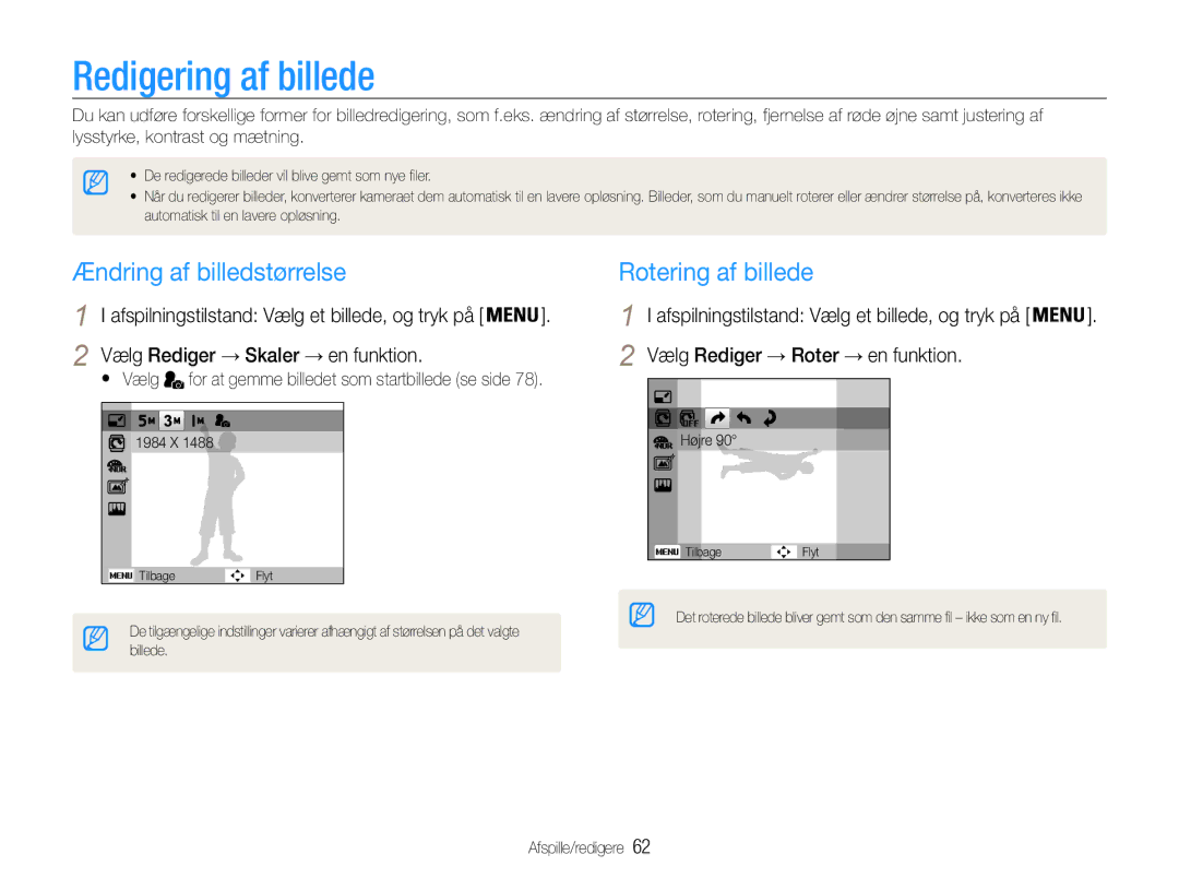 Samsung EC-ST65ZZBPEE2, EC-ST65ZZBPRE2 manual Redigering af billede, Ændring af billedstørrelse, Rotering af billede 