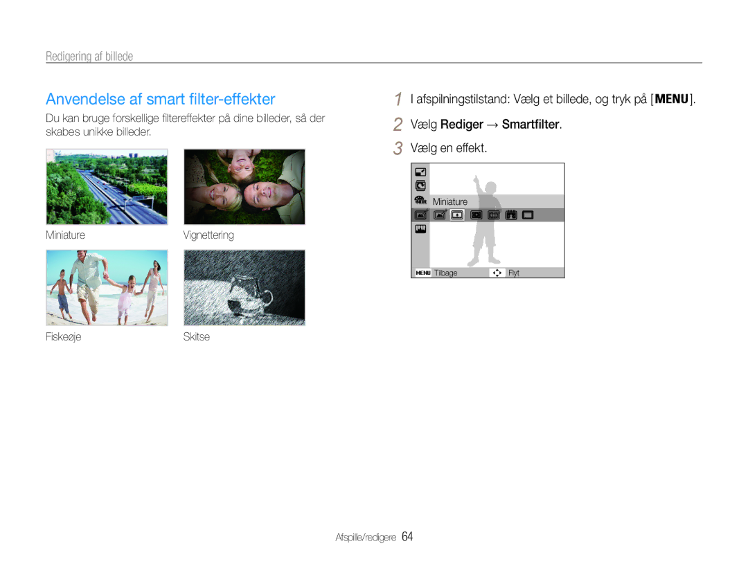 Samsung EC-ST65ZZBPSE2, EC-ST65ZZBPRE2 manual Vælg Rediger → Smartfilter Vælg en effekt, FiskeøjeSkitse Afspille/redigere 